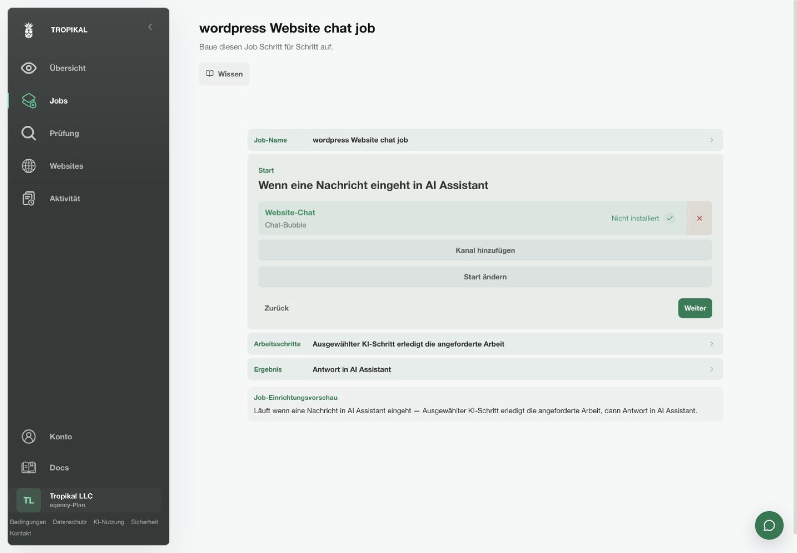 TROPIKAL Job editor showing the setup for a Website Chat Job